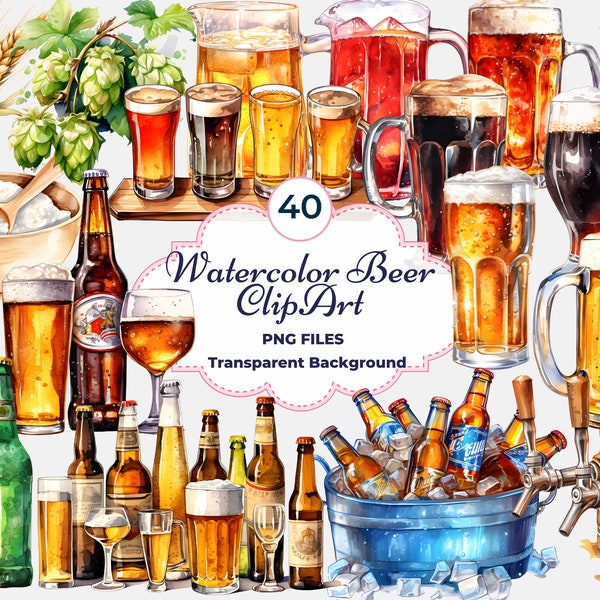 Watercolor Beer Clipart, Beer Bottle PNG, Beer Cooler Clipart, Dark Beer, Beer Flight PNG, Beer Glass PNG, Beer Pitcher png, Alcohol Clipart