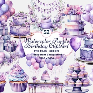 Lila Geburtstag Clipart, Aquarell Geburtstag PNG, Lila Luftballons, Lila Kuchen, süßer Geburtstag, Blumengeburtstag, Sublimation