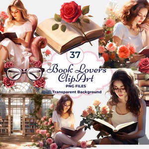 Amantes de los libros, imágenes prediseñadas de niña leyendo, imágenes prediseñadas de lectura, libros, gafas, sublimación