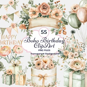 Neutral Boho Geburtstag Clipart, Blumen Geburtstag PNG, Sublimation, Scrapbooking, Handwerk, transparenten Hintergrund, kommerzielle Nutzung