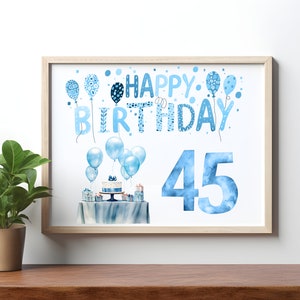 Blue Birthday Clipart, Watercolor Birthday PNG, Blue Balloons, Blue Cake, Floral Birthday, Sublimation, Cards, Scrapbooking image 6