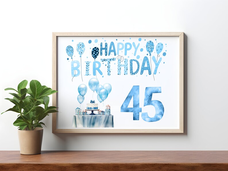 Blue Birthday Clipart, Watercolor Birthday PNG, Blue Balloons, Blue Cake, Floral Birthday, Sublimation, Cards, Scrapbooking image 6