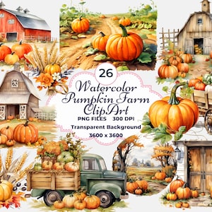 Acuarela Calabaza Granja Clipart, Granja de Otoño PNG, Granja de Otoño PNG, Sublimación