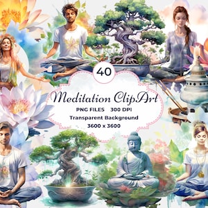 Meditation Clipart, Watercolor Mediation PNG, Yoga Pose and Mindfulness, Bohemian Meditator, Women Meditating, Men Meditating, Relaxation