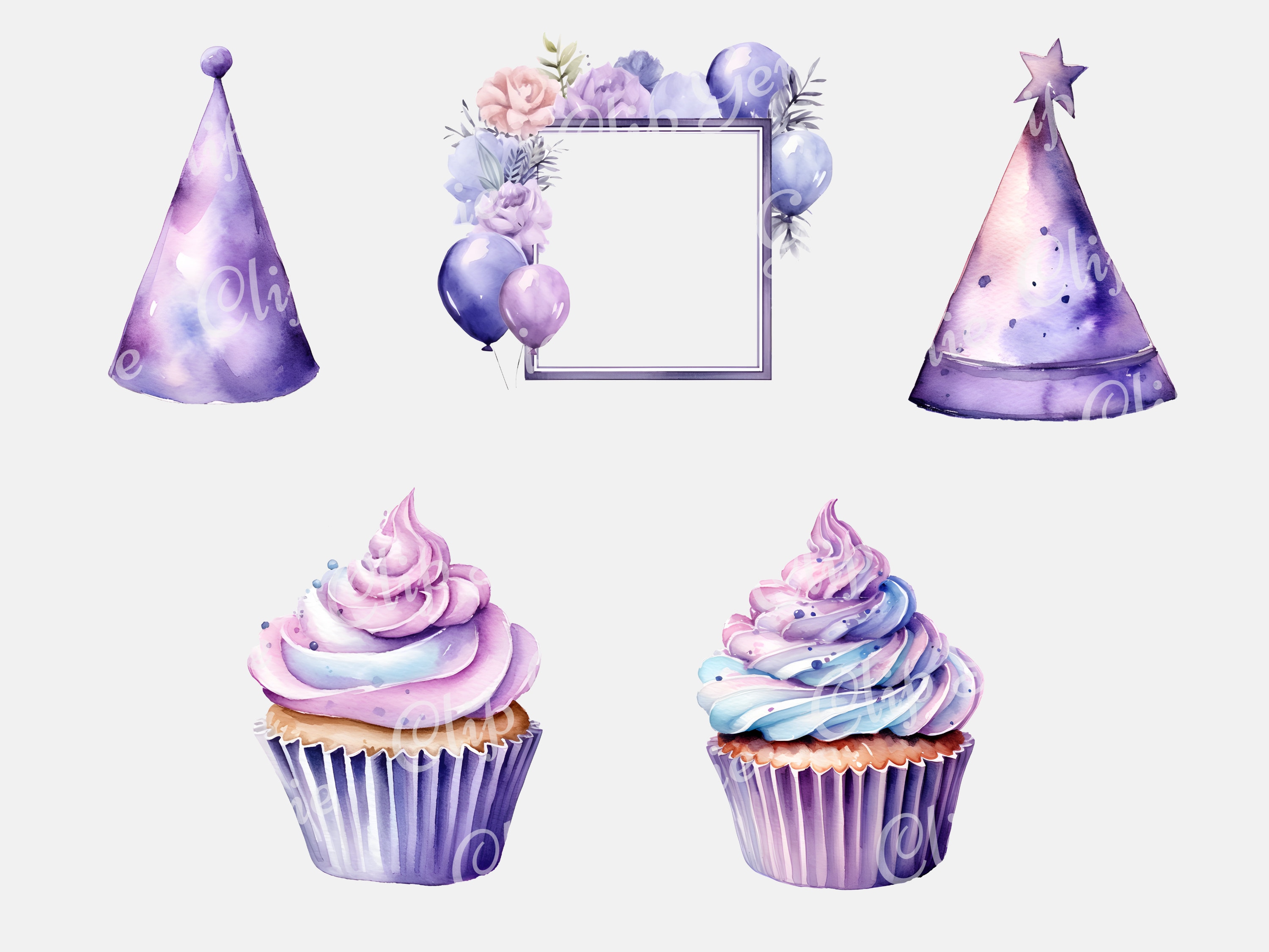 Purple Birthday Clipart, Watercolor Birthday PNG, Purple Balloons