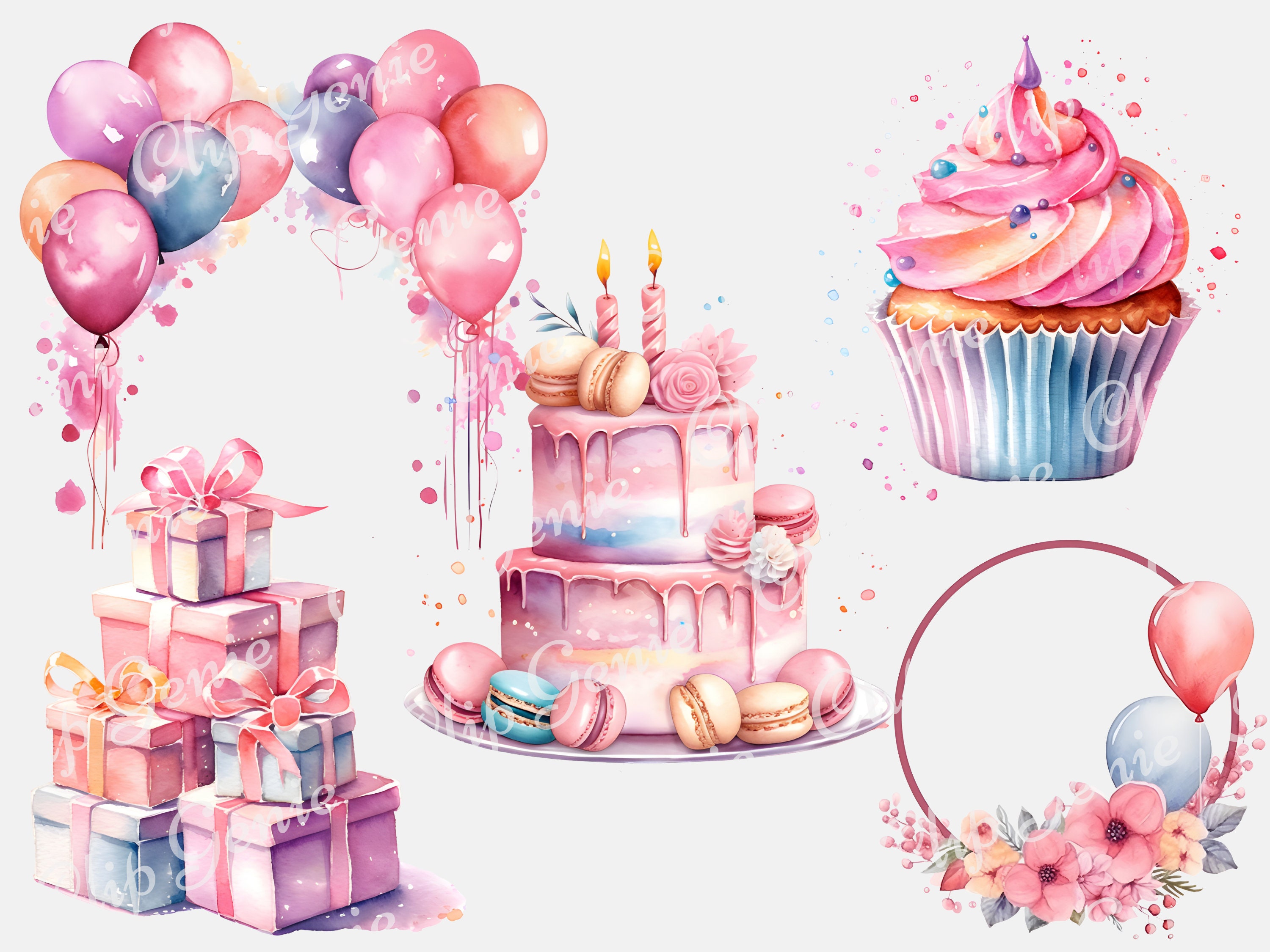 Pink Birthday Clipart Watercolor Birthday PNG Pink Balloons Etsy