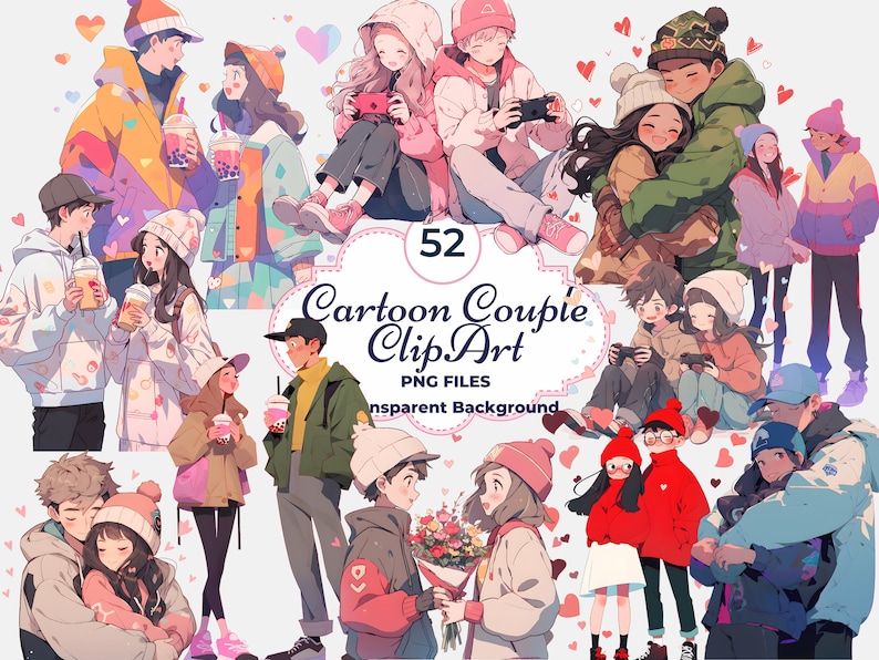 May include: 52 cartoon couple clip art PNG files with transparent backgrounds. The images feature couples in various poses, including holding hands, hugging, and looking at each other. The couples are dressed in a variety of styles, including casual, formal, and anime. The images are perfect for use in digital scrapbooking, card making, and other creative projects.