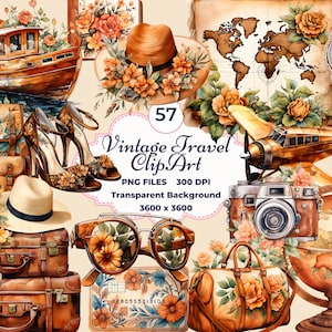 Clipart de voyage vintage, aquarelle voyage PNG, valise en cuir, globe vintage, lunettes de soleil vintage, planificateur de voyage d'été, scrapbooking