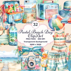 Pastelkleur stranddag clipart, aquarel strandvakantie png, zomerstranditems, pastel zomer, aquarel zomerstrand, sublimatie