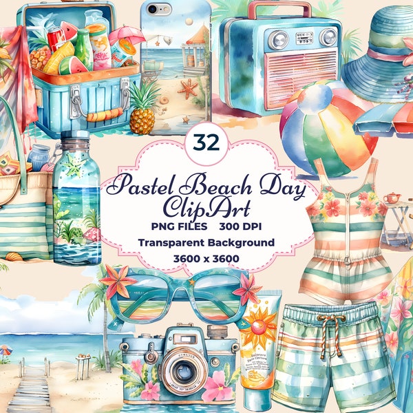 Pastell Strand Tag Clipart, Aquarell Strand Urlaub PNG, Sommer Strand Artikel, Pastell Sommer, Aquarell Sommer Strand, Sublimation