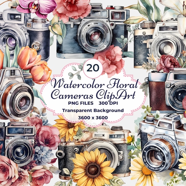 Watercolor Floral Cameras Clipart, Floral Vintage Cameras Clipart, Camera PNG, Retro Cameras Clipart, Photo Camera Clipart, Photography PNG