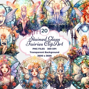 Stained Glass Fairies Clipart, Magical Fairy PNG, Stained Glass PNG, Fantasy Fairy Glass, Ethereal Fairies, Mystical Fairies, Sublimation