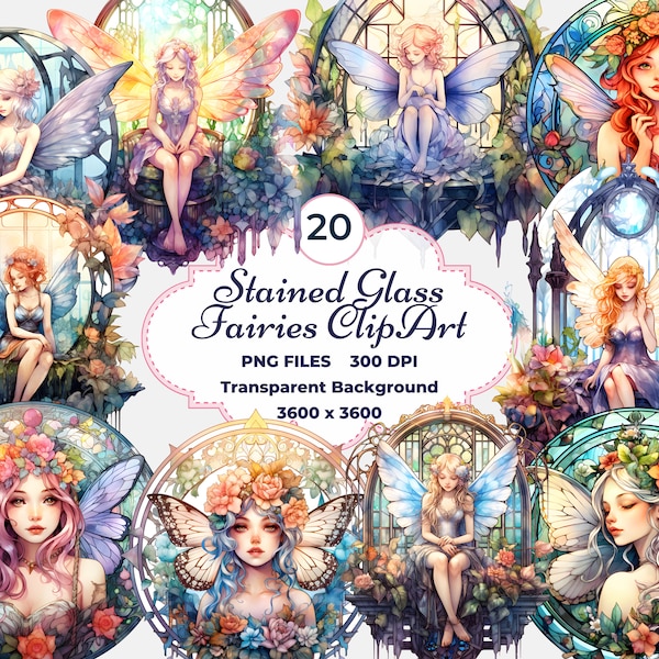 Stained Glass Fairies Clipart, Magical Fairy PNG, Stained Glass PNG, Fantasy Fairy Glass, Ethereal Fairies, Mystical Fairies, Sublimation