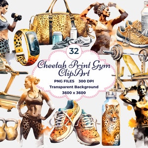 Cheetah Print Gym Clipart, Watercolor Workout PNG, Watercolor Fitness PNG, CrossFit Workout Clipart, Fitness Illustration, Sublimation