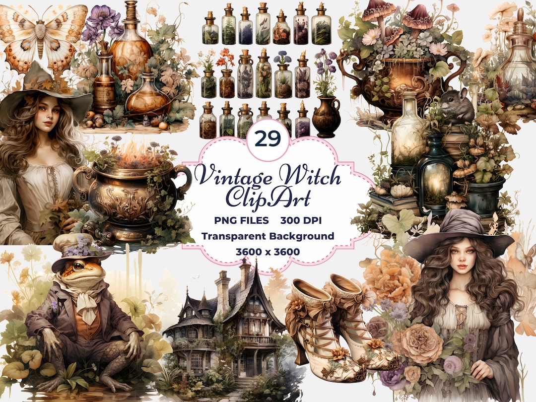 Vintage Witch Clipart, Renaissance Witch PNG, Witch Cat, Witch Frog