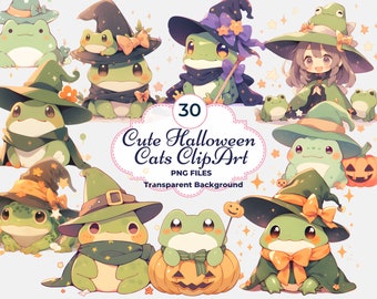 Cute Halloween Frog Clipart, Cute Frog PNG, Kawaii Frog Clipart, Cute Witch Frog PNG, Childrens Halloween Frogs, Sublimation