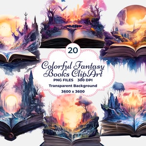 Kleurrijke Fantasy Books Clipart, Open Fantasy Books PNG, magische boeken, sublimatie, sprookjesachtige open boek, grillige boeken PNG