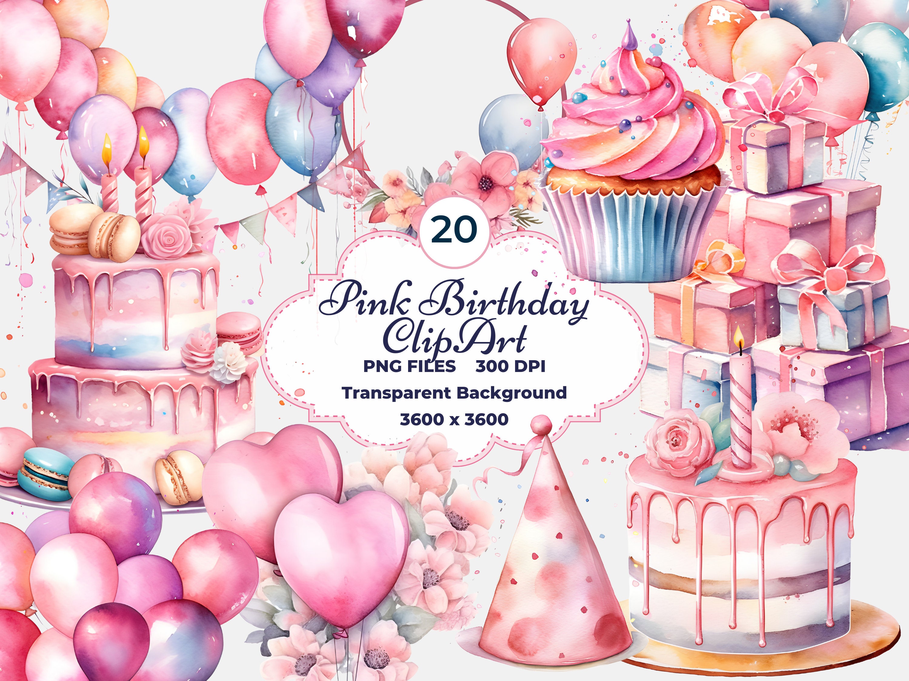 Pink Birthday Clipart Watercolor Birthday PNG Pink Balloons Etsy