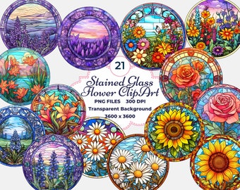 Stained Glass Flower Clipart, Stained Glass PNG, Rose, Lavender, Lilly, Sunflower, Daisy, Sublimation