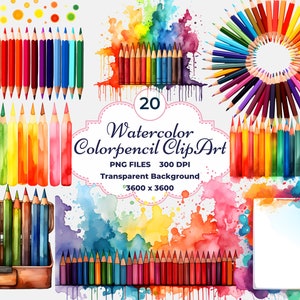 Clipart crayon de couleur aquarelle, crayon de couleur PNG, crayons de classe d'art, sublimation