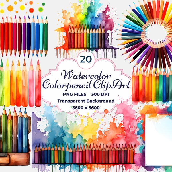 Watercolor Color Pencil Clipart, Color Pencil PNG, Art Class Pencils, Sublimation
