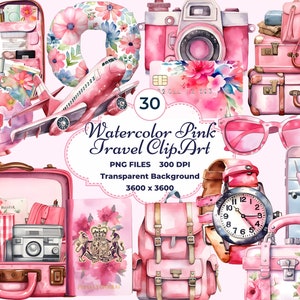 Clipart de viagem rosa aquarela, férias de verão PNG, bagagem, globo, scrapbooking, diário de lixo PNG, férias de verão, turismo, planejador