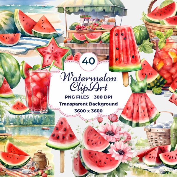 Watermelon Clipart, Watercolor Watermelon PNG, Summer Fruit Clipart, Summer PNG, Watermelon PNG, Fruit Clipart, Tropical Fruit Clipart