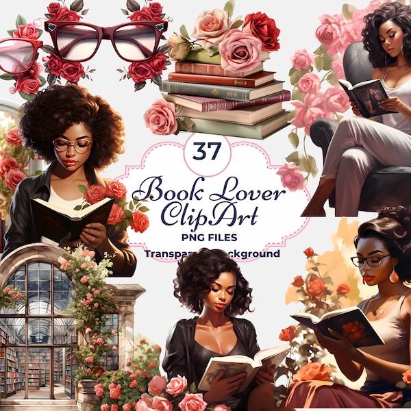 Book Lover Clipart, Bookworm PNG, Girl Reading, Floral Books, Floral Glasses, Reading Sublimation