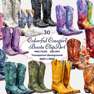 Botas de vaquera coloridas, clipart, salvaje oeste PNG, moda occidental, sublimación de botas de vaquera, botas rosas, botas blancas