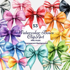 May include: A set of 53 watercolour bow clip art images. The bows are in various colours and patterns, including stripes, polka dots, and solids. The bows are all on a transparent background.