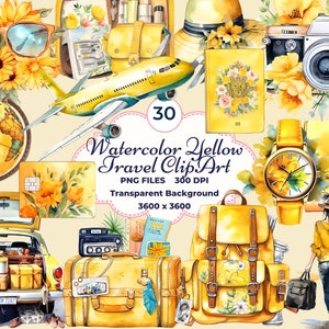 Aquarelle jaune voyage des cliparts, vacances d'été PNG, voyage du monde PNG, valise PNG, avion, carnet de voyage, clipart de planificateur de voyage