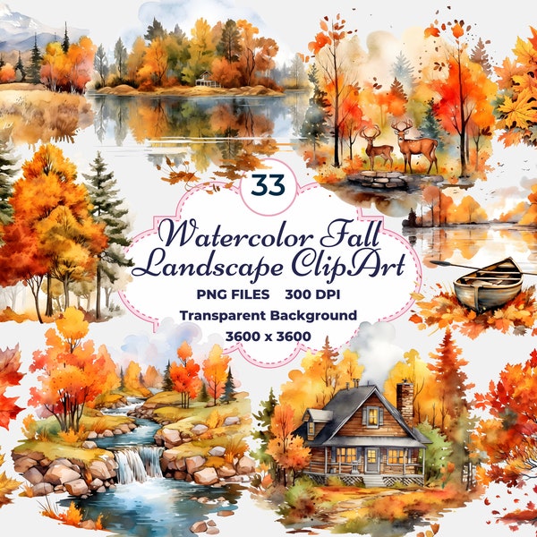 Watercolor Fall Landscape Clipart, Autumn Landscape PNG, Fall Leaves, Autumn Trees, Fall Lake, Autumn Cabin, Sublimation