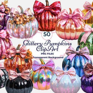 May include: 50 glittery pumpkin clip art images with transparent backgrounds. The pumpkins are decorated with bows and sequins in various colors, including pink, gold, green, blue, and purple.