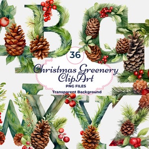 Clipart de verdure de Noël, Alphabet de houx et de pin PNG, Lettres et chiffres de Noël, Sublimation