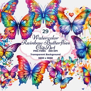 Clipart de borboleta arco-íris aquarela, borboleta colorida PNG, sublimação de borboleta