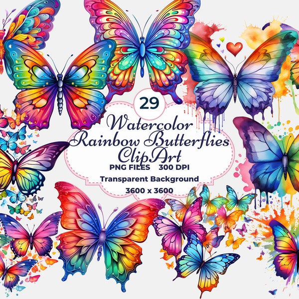 Watercolor Rainbow Butterfly Clipart, Colorful Butterfly PNG, Butterfly Sublimation