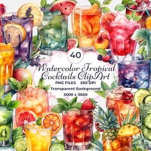 Clipart di cocktail tropicali ad acquerello, cocktail ad acquerello, clipart di bevande, clipart estive, clipart di bevande alcoliche, drink per feste estive