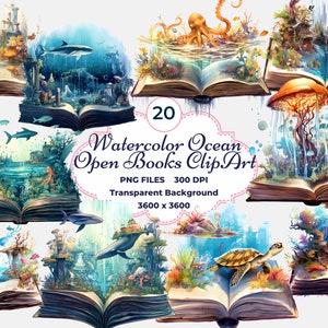 Aquarel Oceaan Open Boek Clipart, Zee Open Boek PNG, Magische Open Boeken, Grillige Open Boeken, Sublimatie
