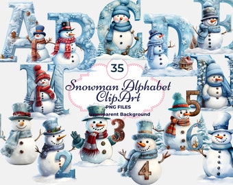 Snowman Alphabet Clipart, Snowman Letters and Numbers PNG, Holiday Letters, Alphabet PNG, Sublimation