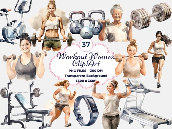 Workout Women Clipart, Watercolor Fitness PNG, Gym Equipment PNG
