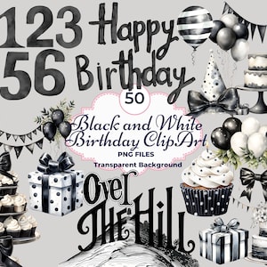 Schwarzweiß-Geburtstag Clipart, über den Hügel Clipart, Aquarell Geburtstag PNG, schwarze Luftballons, Geburtstag, Geburtstag für Erwachsene, Sublimation