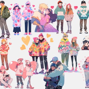 May include: A collection of digital illustrations of couples in winter clothing. The couples are wearing various winter accessories such as hats, scarves, and gloves. The illustrations are in a cartoon style and feature bright colors.