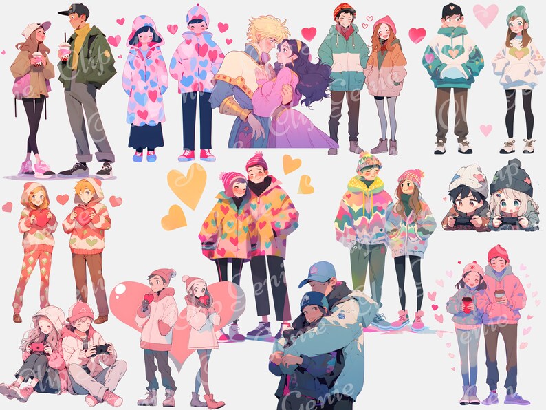 May include: A collection of digital illustrations of couples in winter clothing. The couples are wearing various winter accessories such as hats, scarves, and gloves. The illustrations are in a cartoon style and feature bright colors.