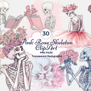 Roze roos skelet clipart, roze schedel png, mooi skelet, roze skelet png, sublimatie, commercieel gebruik, skeletdecoratie