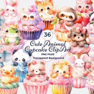Clipart animaux mignon petit gâteau, petit gâteau animal PNG, petits gâteaux d'anniversaire, chiot, chaton, souris, canard, éléphant, paresseux, grenouille, hibou, sublimation