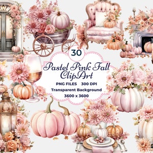 Clipart de Outono Rosa Pastel, Abóbora Pastel PNG, Clipart de Outono Rosa, Sublimação