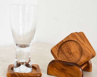 Dessous de verre d'angle rond en bois de teck, lot de 6 pièces avec support finition brillante