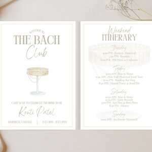 May include: A white card with gold text and a watercolor illustration of a champagne flute. The text reads "Welcome to The Bach Club" and "Can't wait to celebrate the bride to be Kruti Patel" with the location and dates. A second white card with gold text lists a weekend itinerary for a bachelorette party.