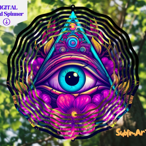 Evil Eye Amulet Digital Wind Spinner with Lotus Flowers・Sublimation Design ・10 Inch Spinner ・Outdoors, Camping・PNG Printable Design