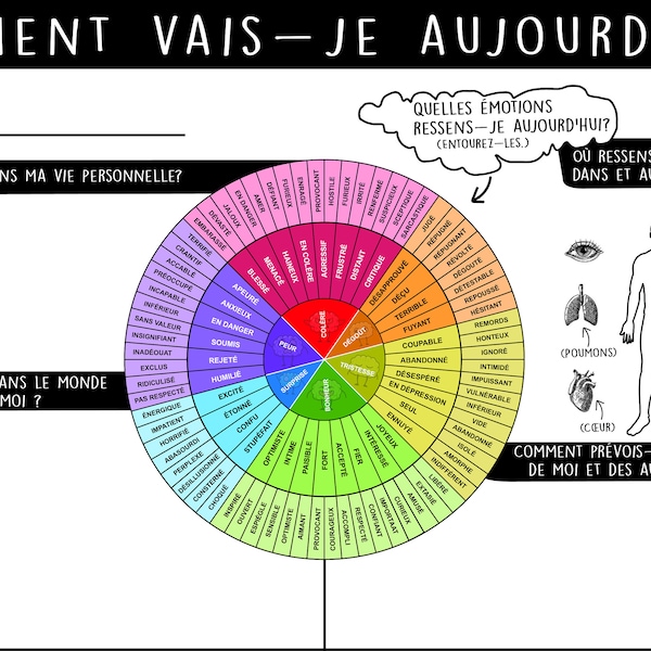 Contrôle Émotions: Fiche Numérique, Roue Sentiments DBT, Outil Thérapie, Cadeau Santé Mentale, Téléchargement